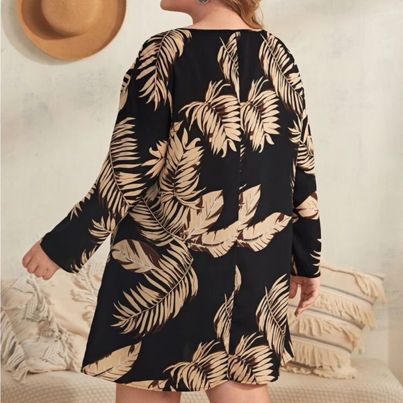 Plus Size Tropical Leaf Print Long Sleeve Dress - Picture 2 of 5